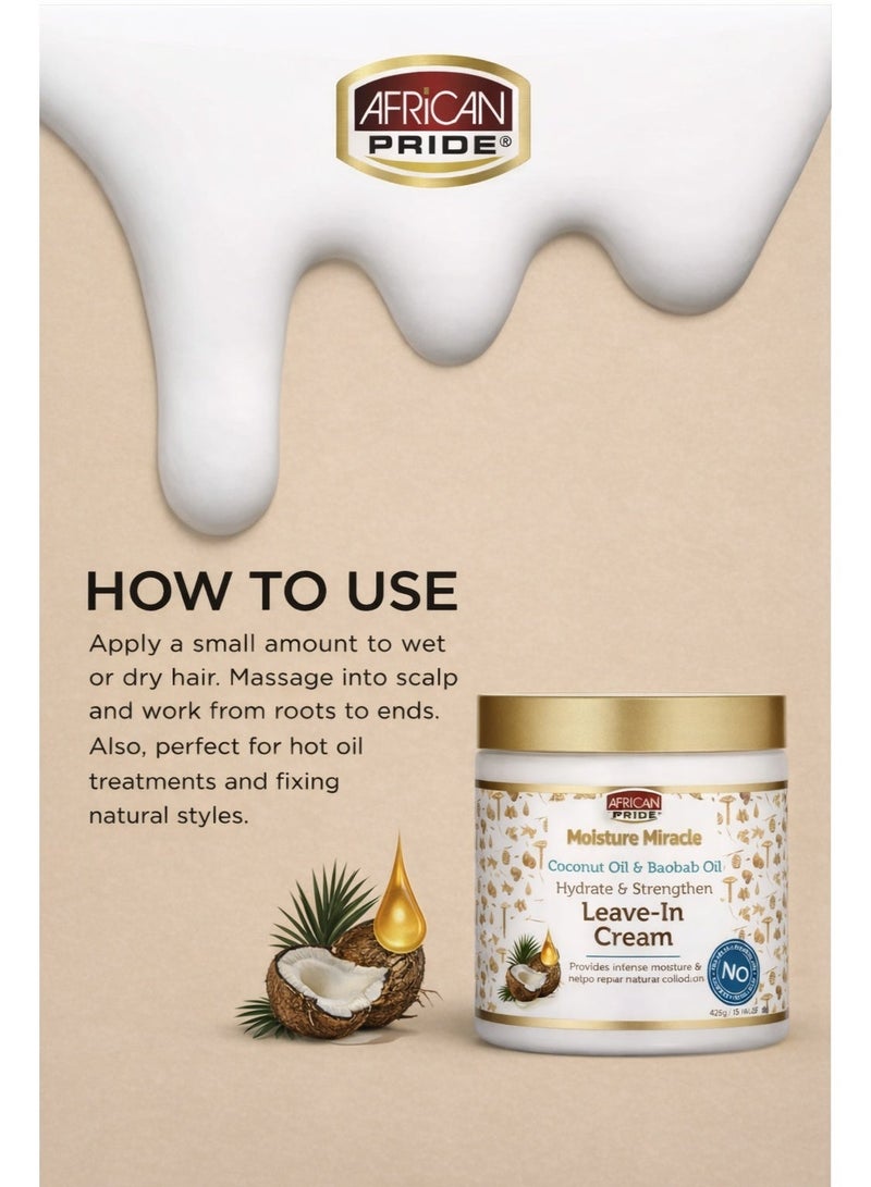 African Pride Moisture Miracle Leave-In Cream 15 Oz – Coconut Oil & Baobab Oil | Hydrates & Strengthens Curly & Coily Hair - Image 3